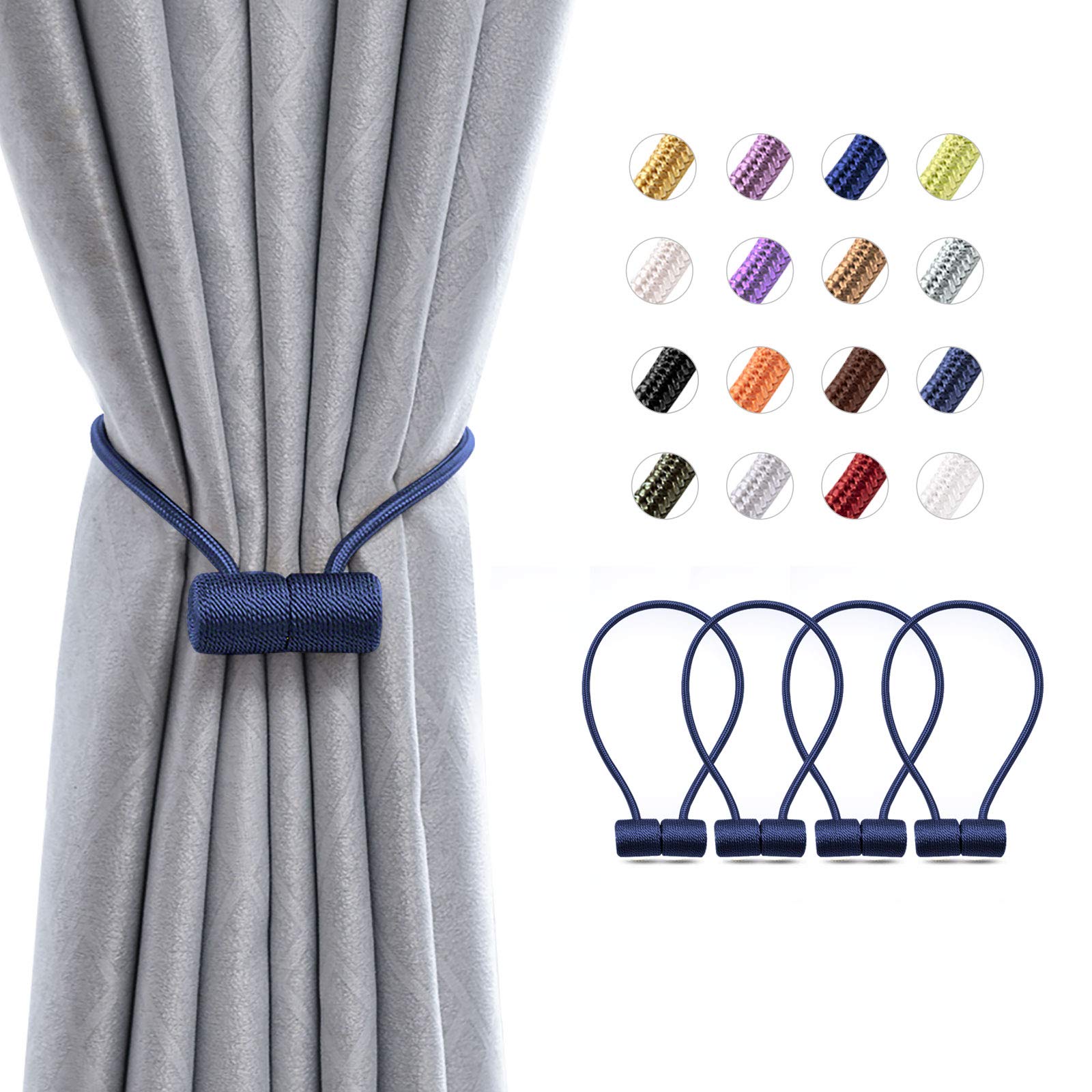 Pretty Jolly 4 Pack Magnetic Curtain Tiebacks 16 Inch Modern Handmade Weave Rope Curtain Holdbacks Convenient Decorative Curtain Drape Tie Backs for Home and Office Window Drapery (Dark Blue)