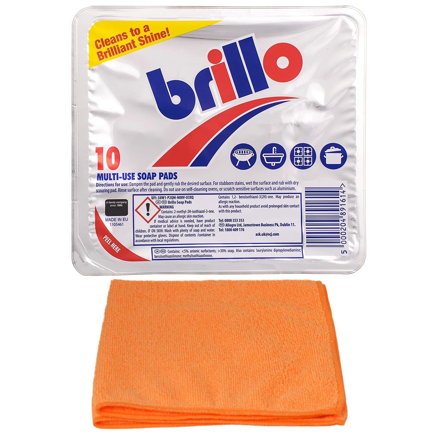 Topest Brillo Multi-use Soap Pads (10 Pads) - Household Cleaner - Effective for Cleaning Pots, Pans, Cookers - with Ultra Absorbent Microfibre Cleaning Cloth