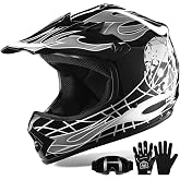 XFMT Youth Dirt Bike Helmet DOT Approved Kids Full Face Motocross Helmets | Motorcycle Riding Gear included Goggles &amp; Gloves, Ultra-Lightweight, For ATV UTV Off-Road, Black Skull Small