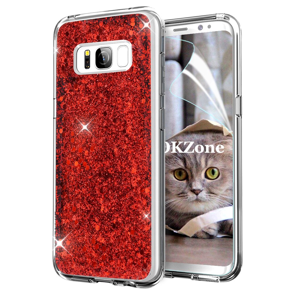OKZone Compatible Galaxy S8 Plus Case + HD Screen Protector, Bling Glitter Sparkle Designer Slim Fit Soft Gel TPU Silicone Skin Cover Shining Style Case for Samsung Galaxy S8 Plus (Red) — image 1