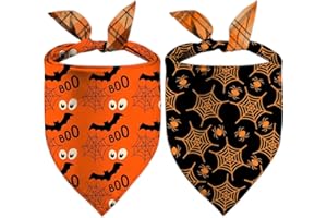 QIRUIMI Halloween Dog Bandanas, Double Side All 4 Patterns Reversible Large Pet Bandanas 2 Pack, Celebration Set, Adjustable Triangle Holiday Ghost Bat Pumpink Scarves for Dogs Girl Boy Pets