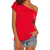 Halife Women's Casual Off The Shoulder Tops Short Sleeve T Shirts Loose Summer Blouse Shirt