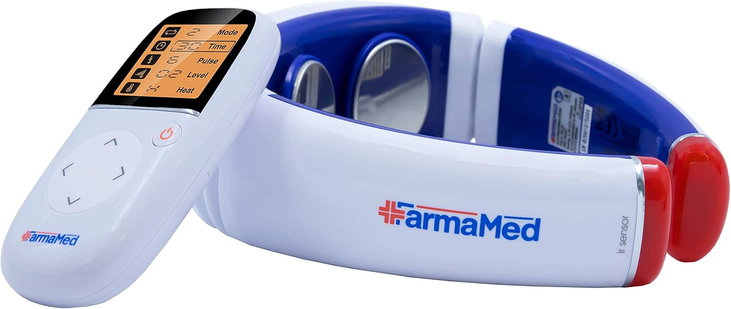 FARMAMED Neck Massager, Electric Pulse, Snap-On Neck Massagers, Electric Cervical Massager, Wireless Remote Control with LCD Display