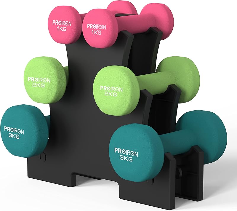 PROIRON Neoprene Dumbbell Set 12kg with Rack 1kg 2kg 3kg Pairs Women