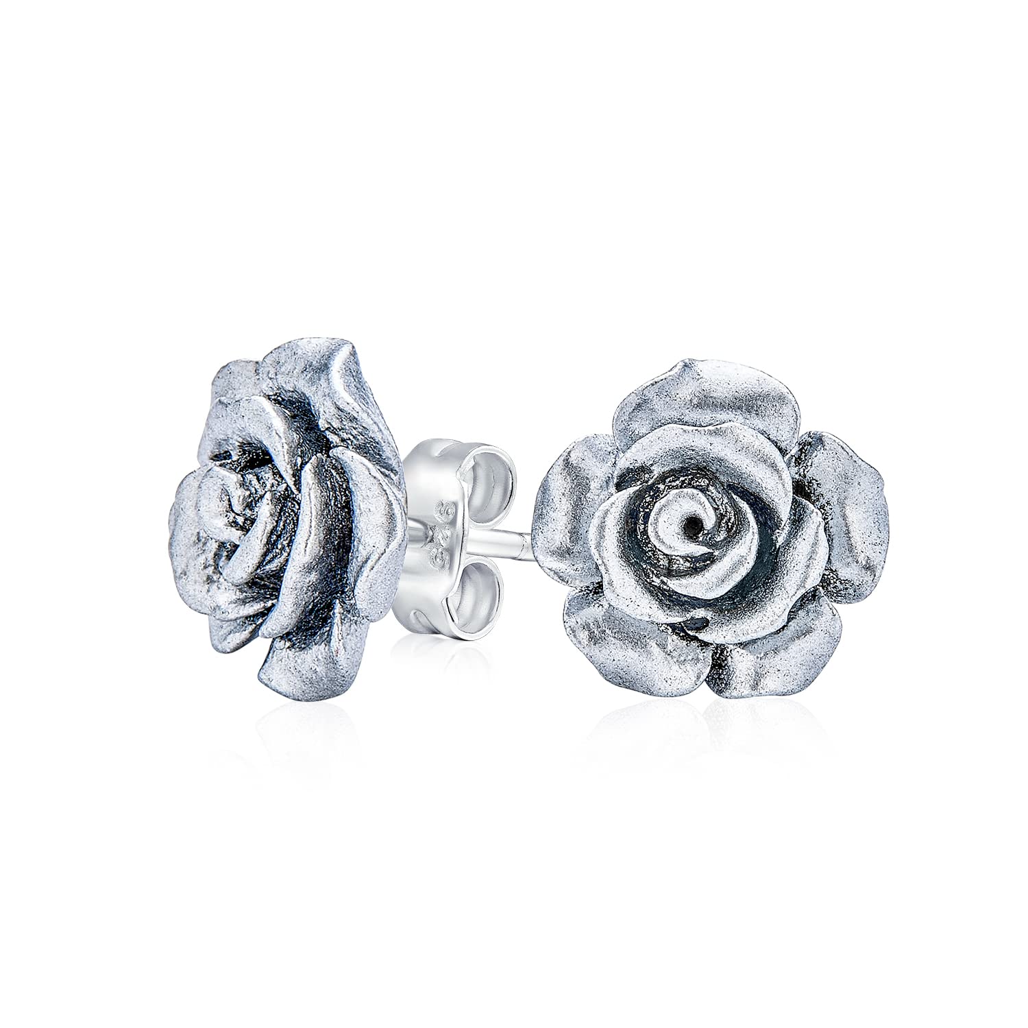 Romantic Delicate Floral 3D carved Silver Rose Flower Stud Earrings For Women Teen For Mother Silver Plated