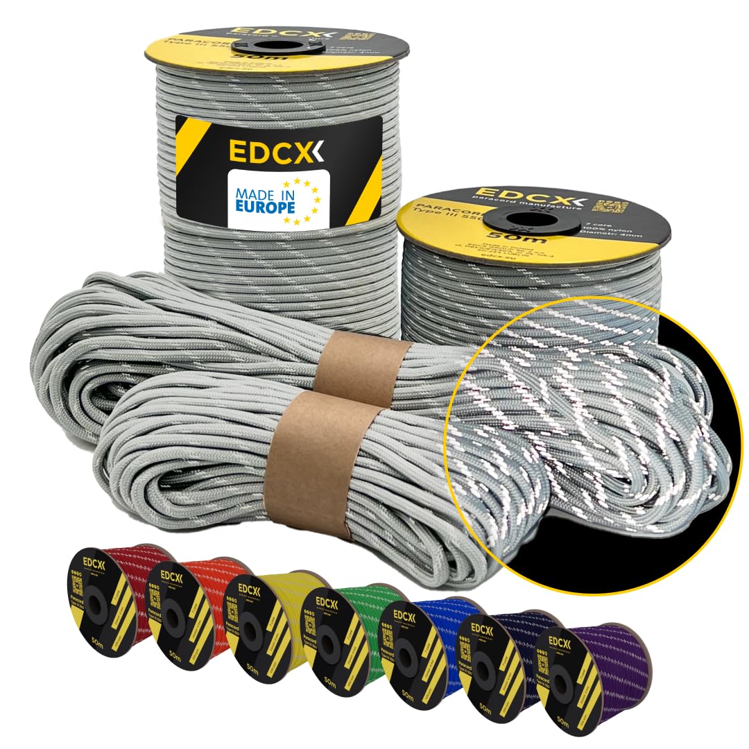EdcX 4 mm Reflective Paracord 550 (15, 30, 50 m) – Tear-Resistant Parachute Cord for Survival Made of 100% Nylon, 4 mm Type III with 7 Wires (Reflective White, 15 m) — image 1
