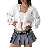 MakeMeChic Women's Fall Lightweight Cherry Cardigans Lantern Sleeve Y2K Open Front Cropped Cardigan Sweater