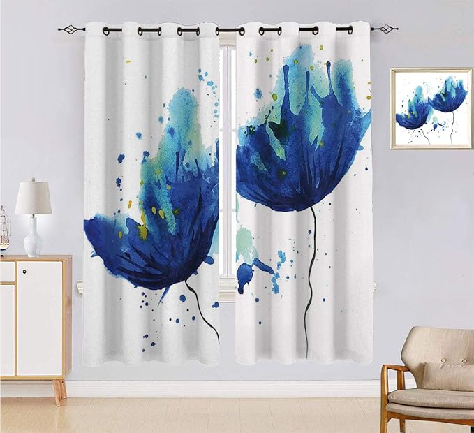 JxjwsPrints Blue Personalized Curtains, Watercolor Style Effect Floral
