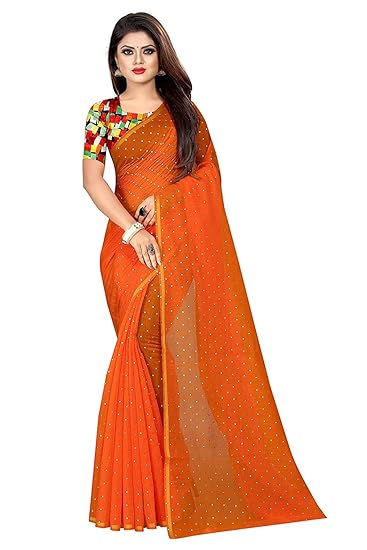 Womens Chiffon Nazmin Saree with Digital Printed Blouse Piece (Orange)
