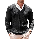 Runcati Mens V Neck Sweater Cable Knit Long Sleeve Casual Ribbed Twisted Pullover Sweaters