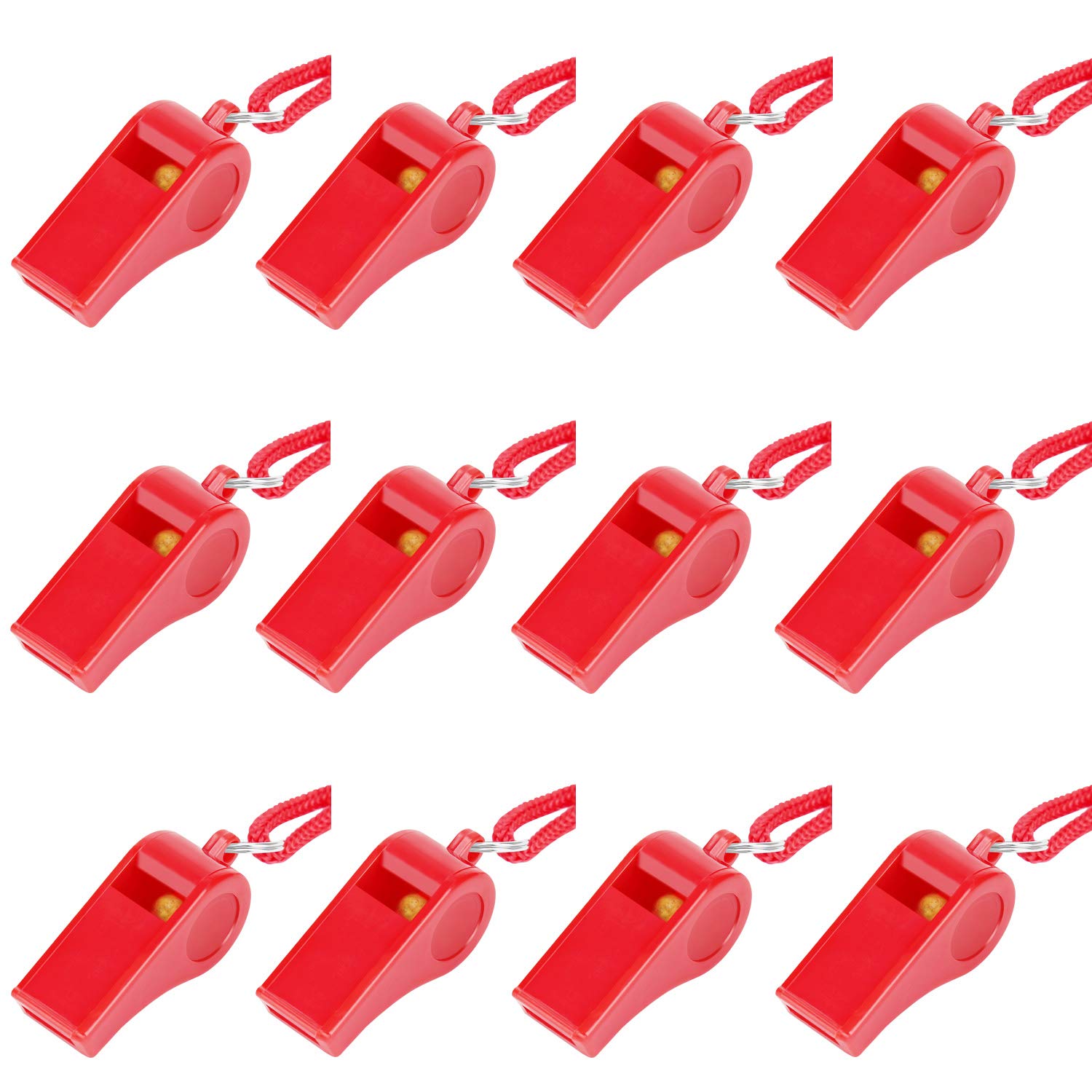Fya 12PCS Red Emergency Whistle with Lanyard, Super Loud Plastic Whistles Bulk Perfect for Self-Defense, Lifeguard and Emergencies