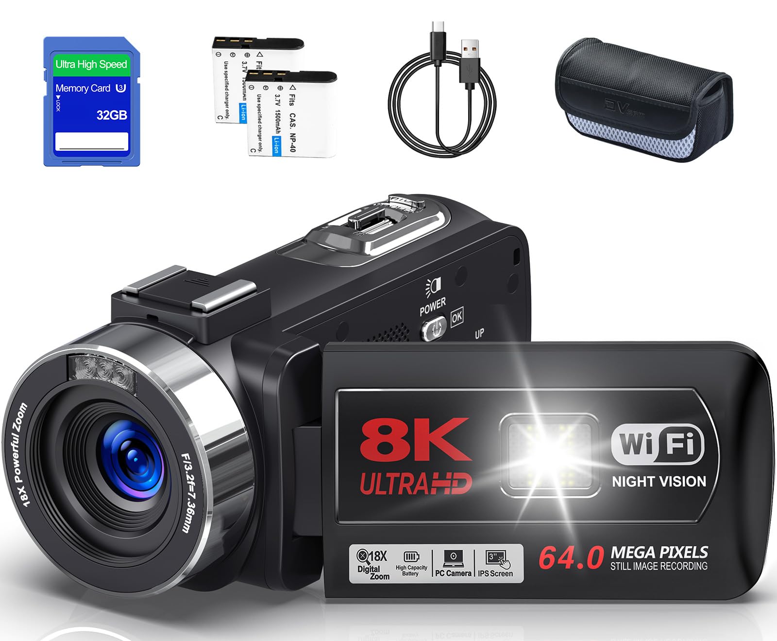 ビデオカメラ【8K動画撮影、6400万画素】YouTubeカメラ 32GB SDカード付き コンパクトカメラ 3.0 インチ タッチスクリー 18倍ズーム フラッシュ ウェブカメラ 2.4Gリモコン 充電式 大容量バッテリー 軽量 日本語の取扱説明書 学生 初心者にも最適です 修学旅行 セット商品画像