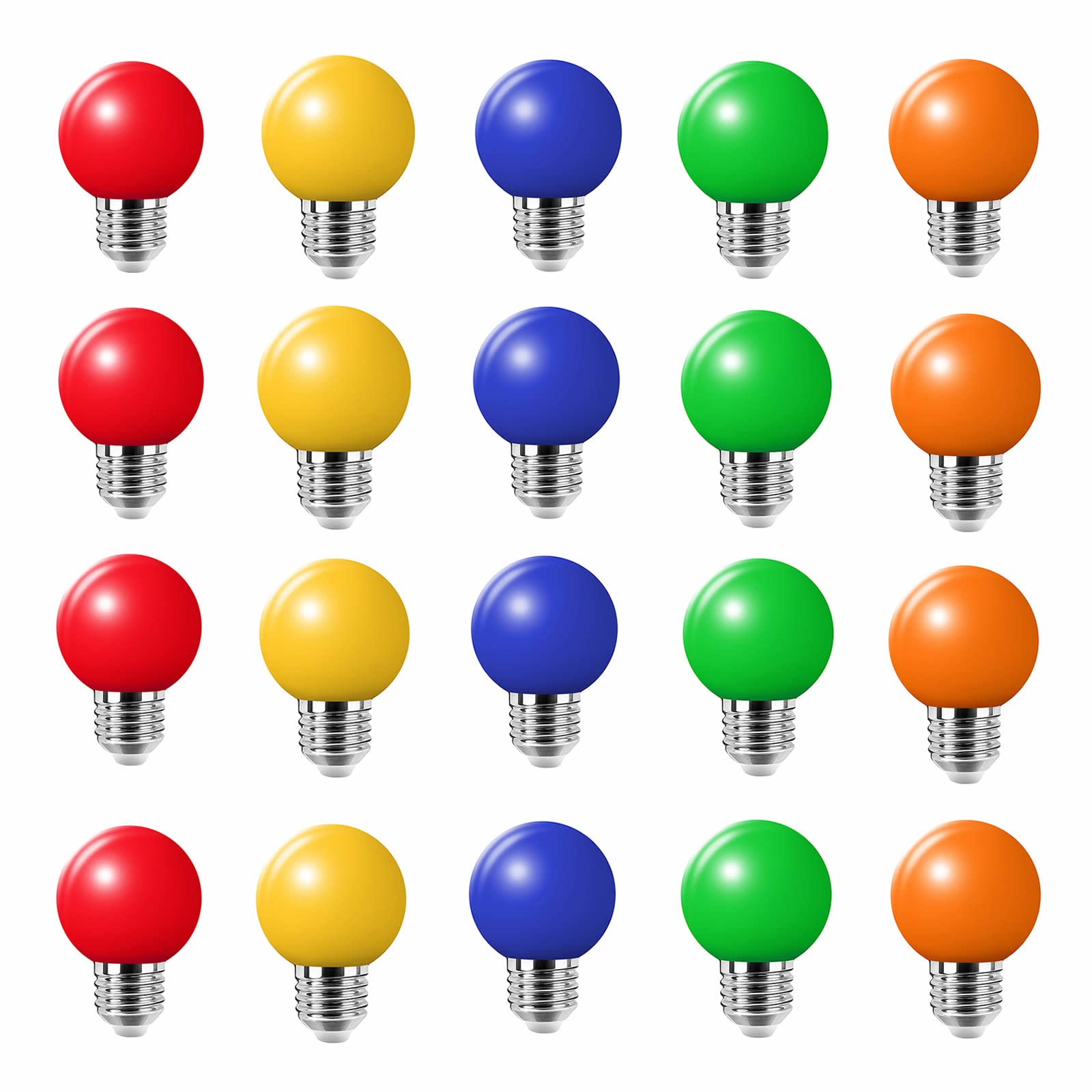 Jiotouhu E27 LED Coloured Light Bulb, 180-degree Illumination, 2W Equivalent to 20W, AC220-240V, Non-dimmable, Red, Yellow, Blue, Pink, Orange, Multiple Colours, 20-Pack