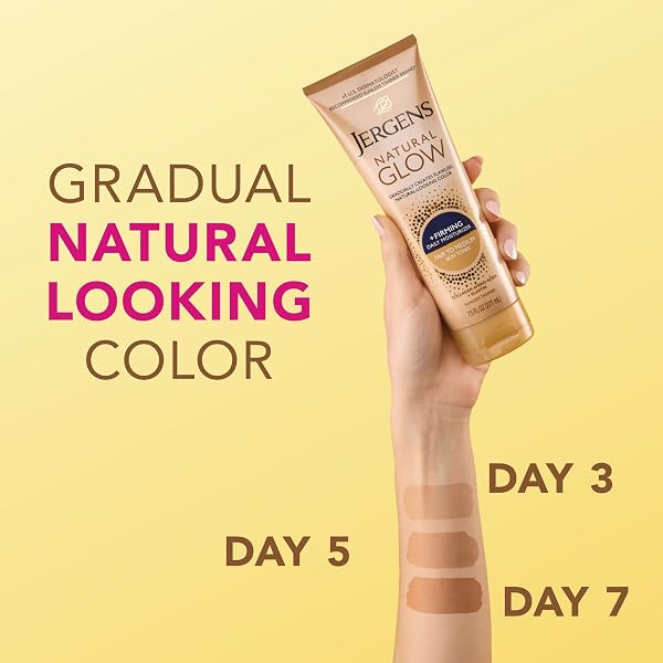 JERGENS NATURAL GLOW +FIRMING SELF TANNER BODY LOTION, FAIR TO MEDIUM SKIN TONE, SUNLESS TANNING MOISTURIZER WITH COLLAGEN AND ELASTIN, HELPS TO VISIBLY REDUCE CELLULITE, 7.5 FL OZ