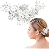 Silver Flower Bridal Hair Comb Pearl Crystal Rhinestone Bride Wedding Hair Pieces Decorative Flower Bride Hair Jewelry Accessories for Women and Girls