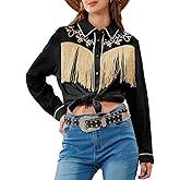 JOHN MOON Women's Fringe Western Button Down Shirts with Studs Floral Embroidered Cowgirl Tops Country Style Snap Blouses
