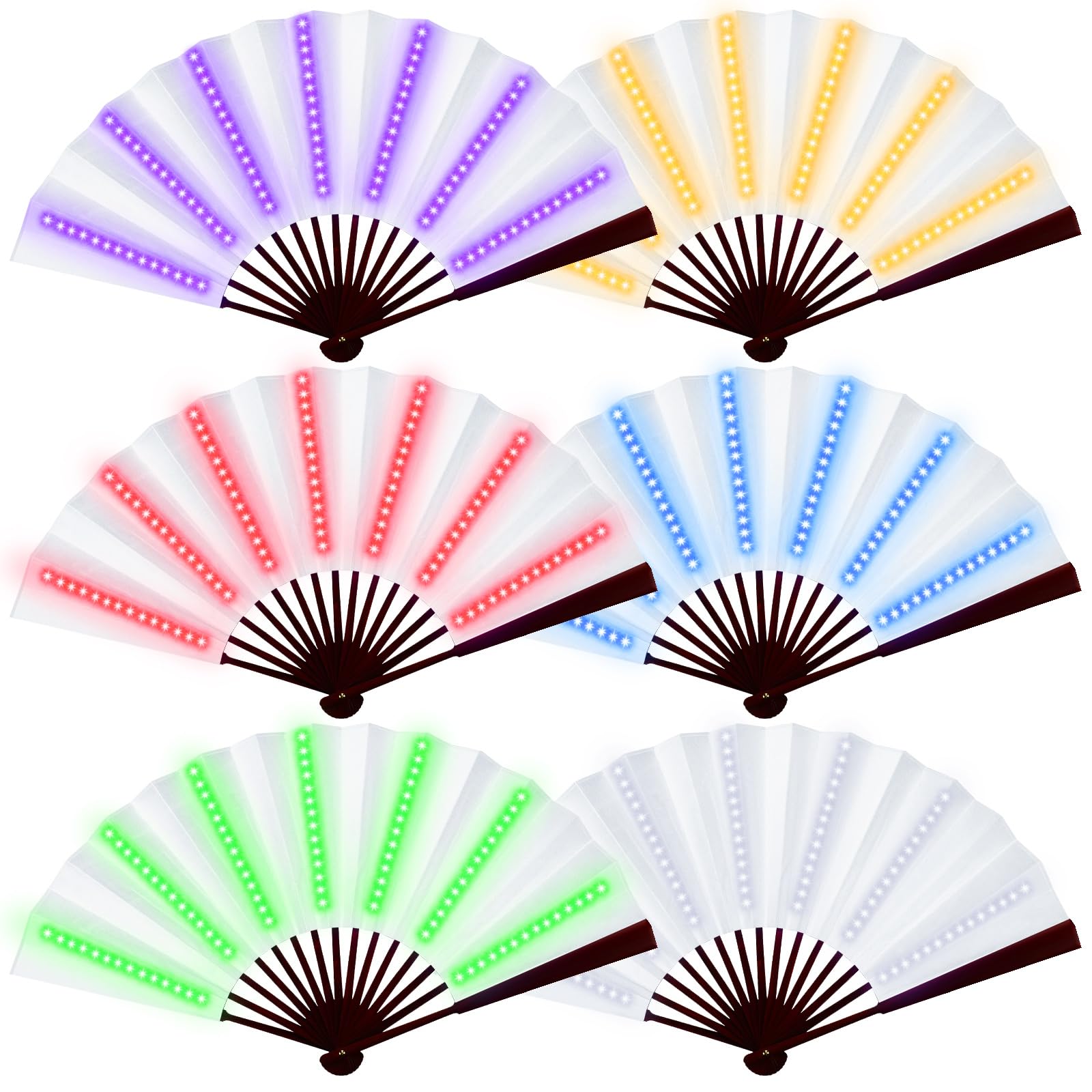 Photo 1 of Roowest 6 Pcs Halloween Party Rave Light up Folding Fan for Line Dancing with Battery LED Large Handheld 6 Colors Glowing Halloween Fan for Party Gift Performance Show Birthday Night Club (White,Neon)