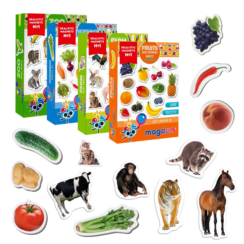 Fridge Magnets for Kids 1-4 - 85 Zoo, Farm Animals, Fruits & Vegetables Magnets - Montessori Educational Learning Toy for Toddlers - Large Realistic Refrigerator Magnets - Preschool Kids Gift