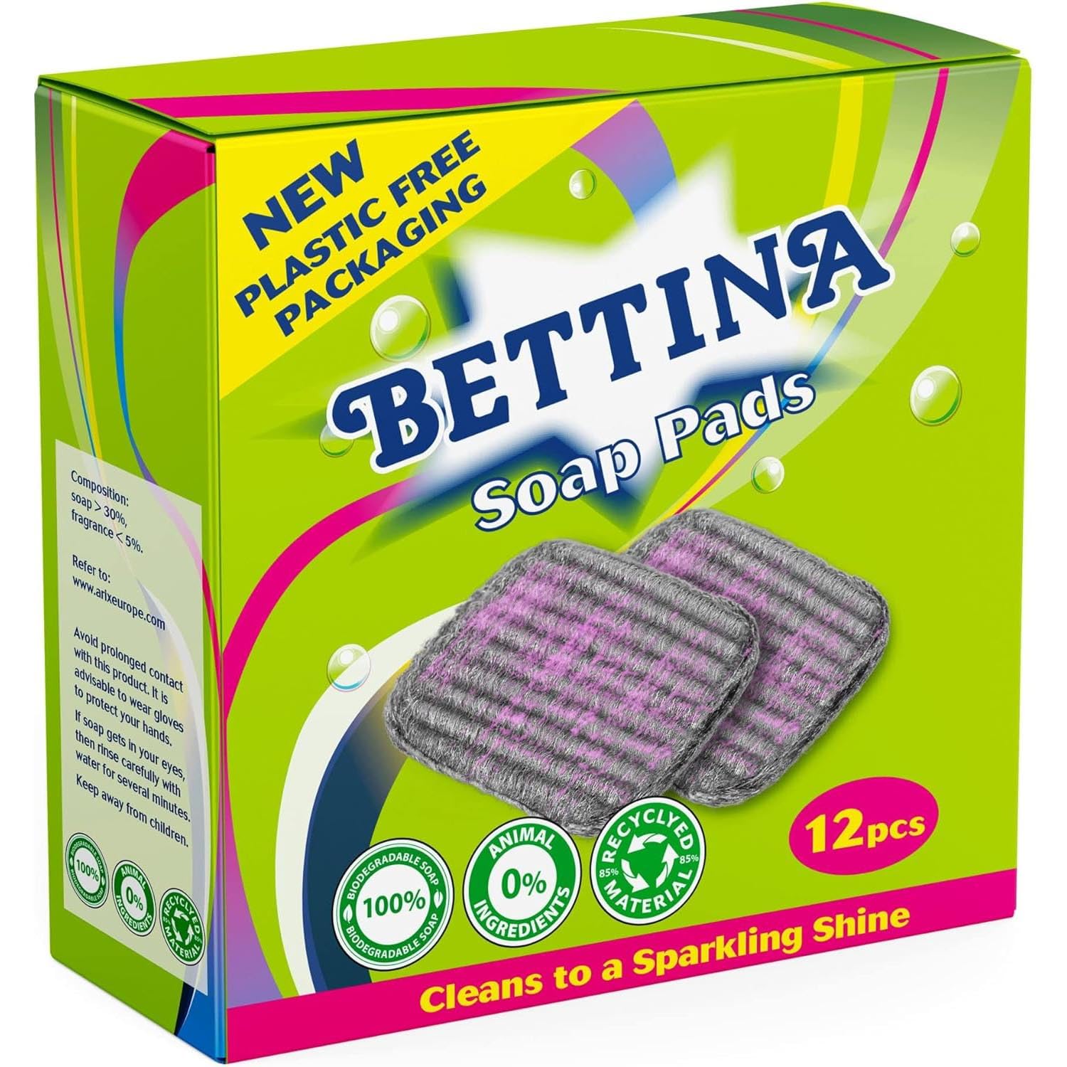 Bettina Soap Pads, 12 Pcs – Plastic-Free, Biodegradable, 100% Recycled Material, Eco-Friendly Steel Wool Pads for Sparkling Cleaning, Animal-Free Ingredients