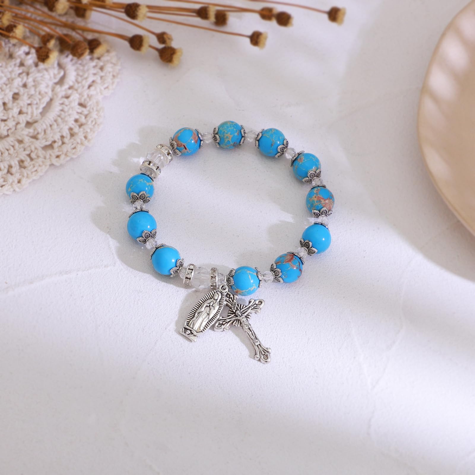KOMI Gemstone Beaded Stretch Bracelet 8mm 10mm Beads Catholic Rosary Bracelet with Crucifix Cross, Beads Bracelet for Women Men Girls Catholic Religious Jewelry, Catholic Gifts for Women