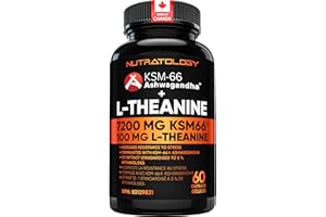 Nutratology Ashwagandha KSM-66 7200MG + L-Theanine 100MG - Made In Canada | Stress Relief Supplements - Relaxation & Mood Sup
