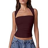 QINSEN Double Lined Women Tops Square Neck Sleeveless Tank Top Summer Slim Fit Tee Shirt Burgundy M