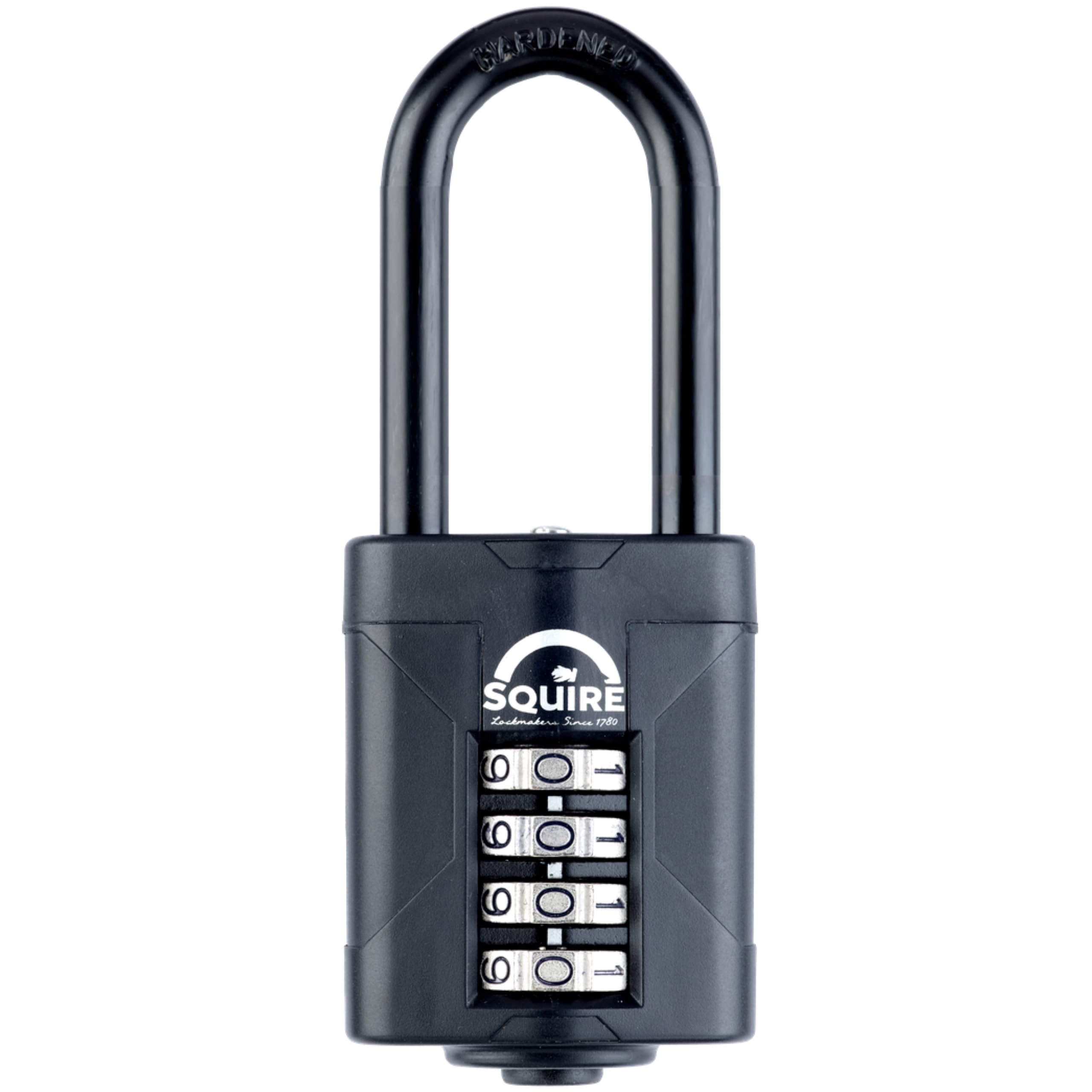 Squire Heavy Duty Padlock (CP50BLACK/2.5)- Hardened Steel 2.5 Extra Long Shackle-4 Wheel 50mm Wide Combination Padlock (Black) - Corrosion Resistance - Weatherproof