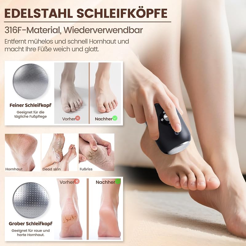 Hornhautentferner Elektrisch, Hornhaut Entfernen Fuß Elektrisch mit 2 Edelstahl-Schleifköpfen, Pediküre Set – zur Entfernung von Rissen, toter Haut & Hornhaut (Schwarz)