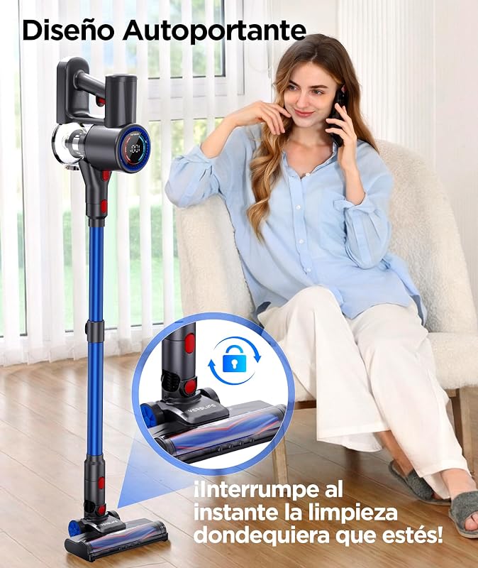Aspirador sem fios 40KPA/500W/45MIN, aspirador sem fios com ecrã LED, luz verde, design autoportante, tubo telescópico e filtro HEPA, para pelos de animais de estimação, chão e carpete (azul)