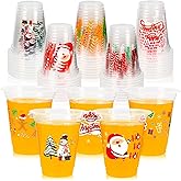 GuassLee Christmas Disposable Cups - 50 Pack 12 OZ Clear Disposable Christmas Plastic Cups Set with 5 Styles Patterns for Kids Adults Xmas Party Favors Coffee Wine Cold Drinks
