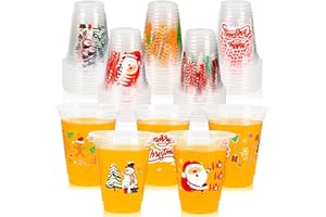 GuassLee Christmas Disposable Cups - 50 Pack 12 OZ Clear Disposable Christmas Plastic Cups Set with 5 Styles Patterns for Kids Adults Xmas Party Favors Coffee Wine Cold Drinks