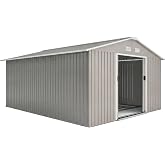 Outsunny 11' x 13' Outdoor Storage Shed, Garden Tool Metal Shed with Foundation Kit, Double Lockable Door, Air Vents and Sloping Roof, for Backyard, Patio, Lawn, Light Gray