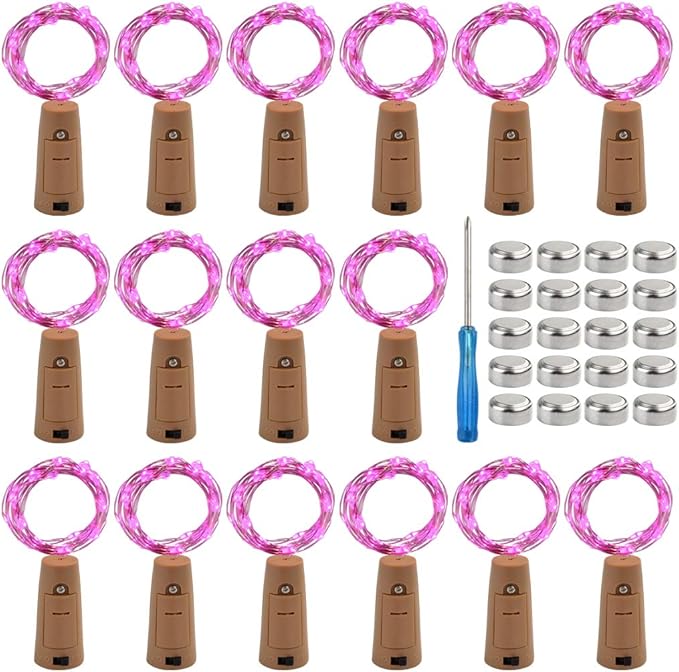 mifengdaer 16 Pack Wine Bottle Lights Pink Cork Shaped 20 Micro LEDs