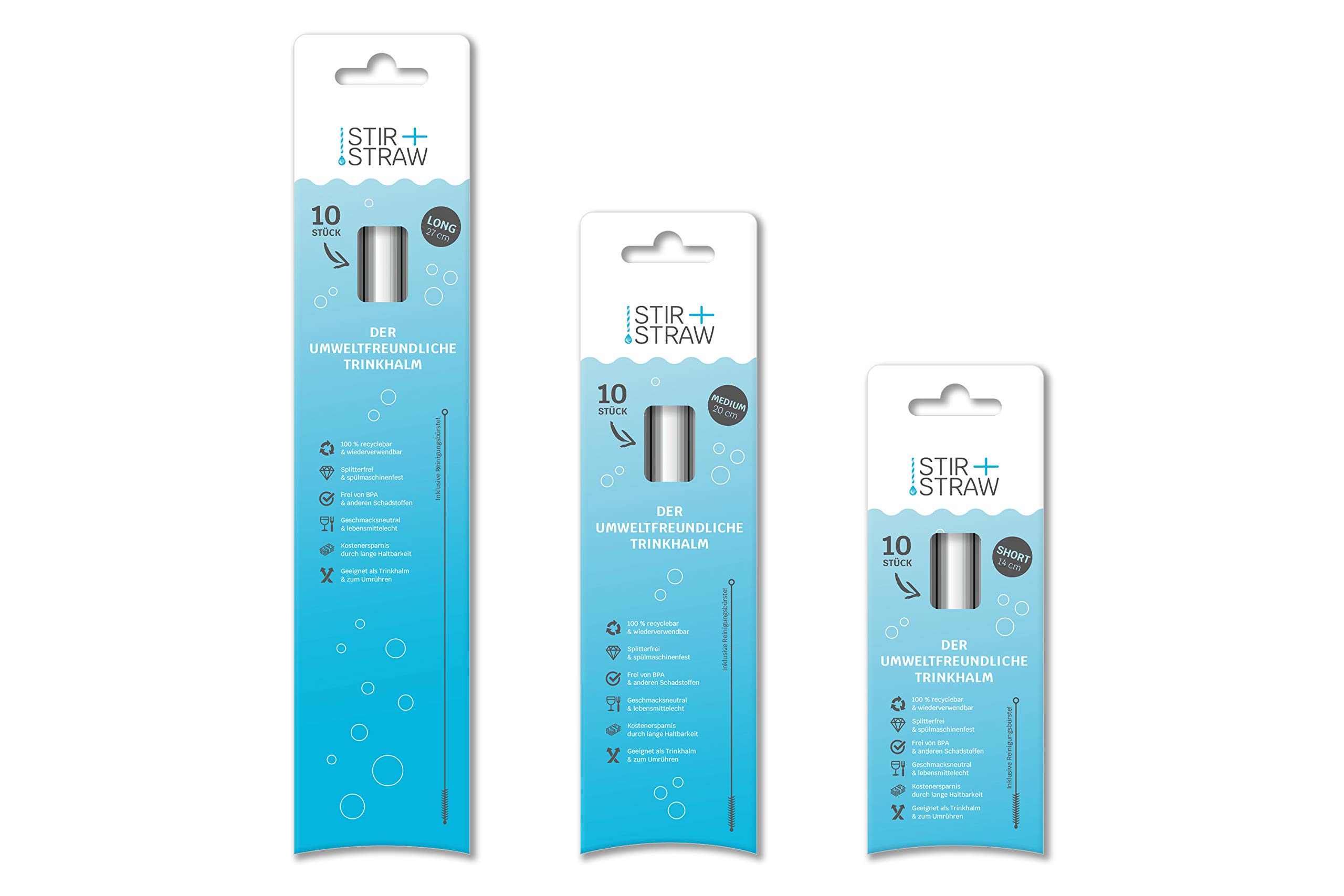 Stir + Straw - Reusable Straws | 14, 20 or 27 cm Length | Pack of 10 | Includes Cleaning Brush | Dishwasher Safe | Transparent | Environmentally Friendly (Length 27 cm)