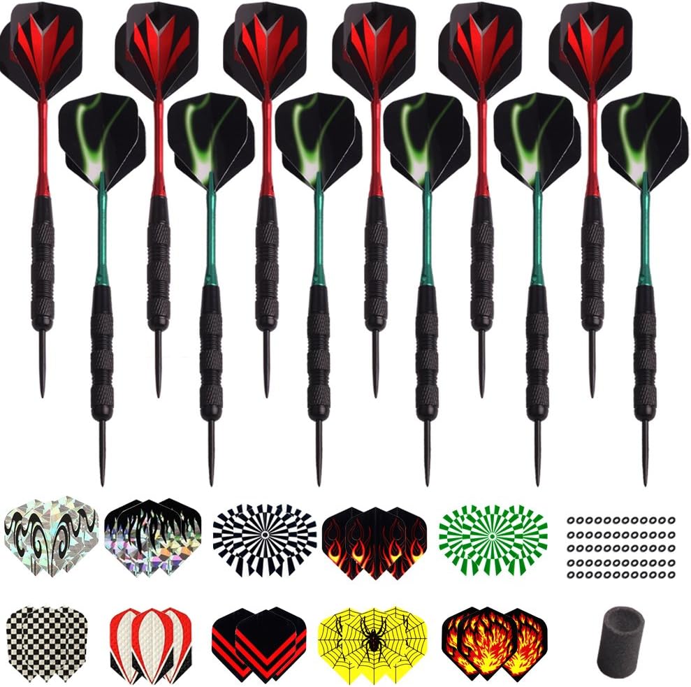 Steel Tip Darts Set, 12 Professional Metal Tip Darts 18 Gram Black Coating Barrel Aluminum Shafts 50 O-Rings, 42 Dart Flights Slim & Standard, Dart Sharpener Dart Board