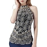 Vijiv Women's 1920s Inspired Beaded Sequin Top High Neck Sleeveless Floral Shimmer Glitter Blouse Formal Gatsby Shirt