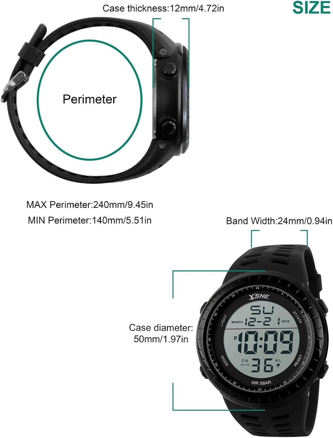 SNE Men's Digital Big Face Waterproof Electronic LED Sport Wrist Watch Black SK1167, 49 mm - Image 4