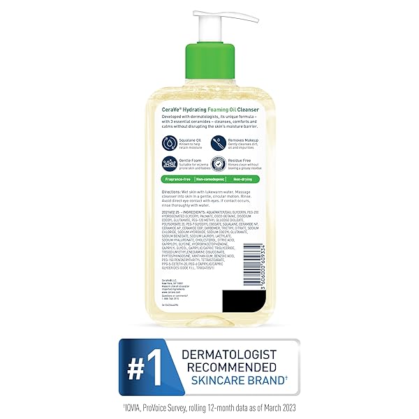 CERAVE HYDRATING FOAMING OIL CLEANSER, MOISTURIZING OIL CLEANSER FOR FACE & BODY, SQUALANE OIL + HYALURONIC ACID + CERAMIDES, FOR DRY TO VERY DRY SKIN, FRAGRANCE FREE & RESIDUE FREE, 19 FL OZ