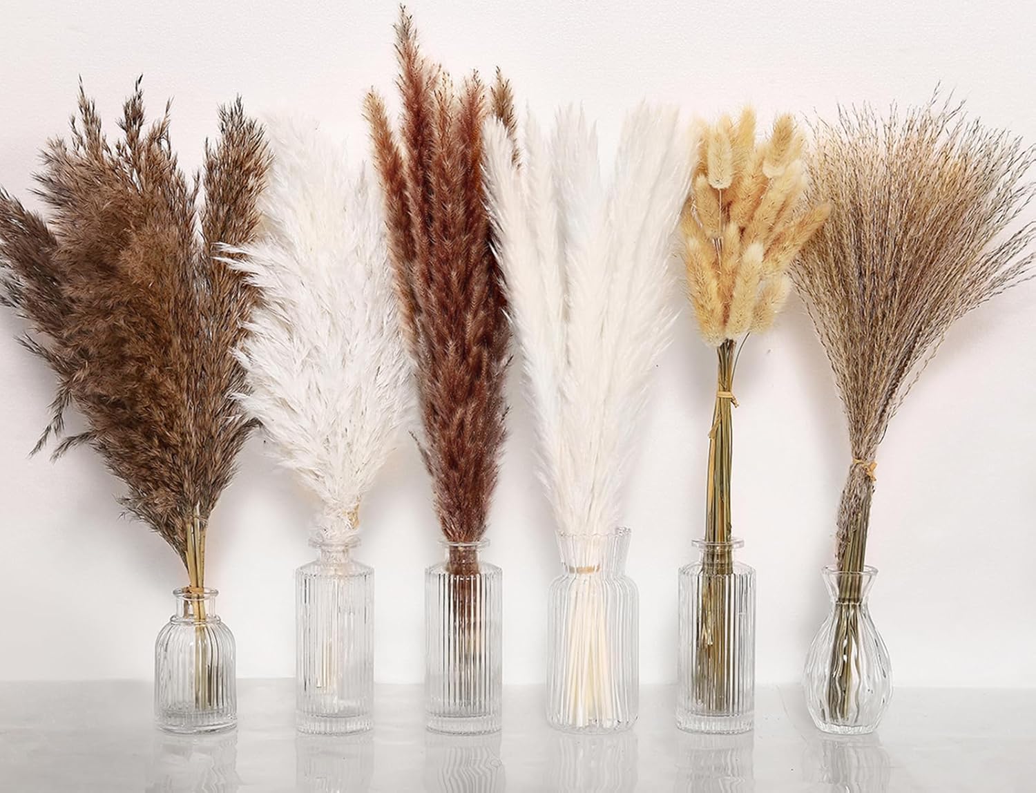 Dried & Preserved Flora - 110PCS Natural Dried Pampas Grass Decor, Boho Home Decor Bouquet, 17 inch Pampas Grass, Reed Grass, Bunny Tail Grass Mixed Dried Floral Bouquet for Wedding Floral Arrangements, Home Decorations
