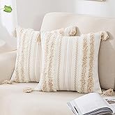 decorUhome Decorative Boho Throw Pillow Covers 18x18 Set of 2, Accent Neutral Textured Tufted Pillow Covers Striped for Couch Bed Sofa Living Room, Khaki and Cream White
