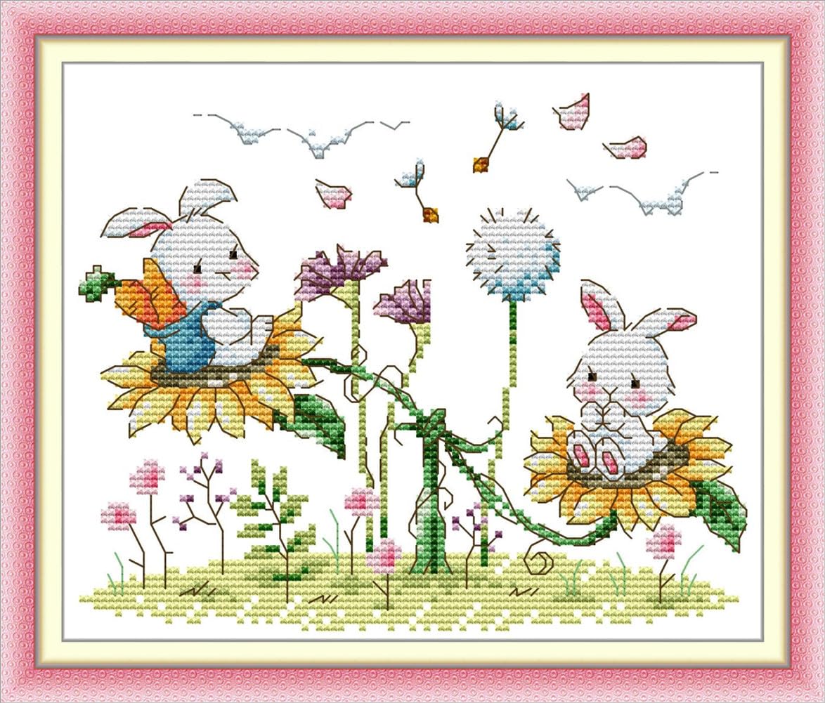 ABEUTY Printed Cross Stitch Kits for Adults Birds Animal Flower DIY 14 CT Embroidery Sewing Starter Kit Stamped or Unstamped Needlework Home Decor (Unstamped, Rabbit)
