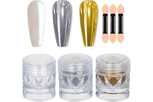 GZMAYUEN Pearl Chrome Nail Powder Gold Silver, White Pearl Iridescent Mermaid Glitter, Mirror Effect Metallic Gel Chrome DIY Nails Art Salon-3 Jar