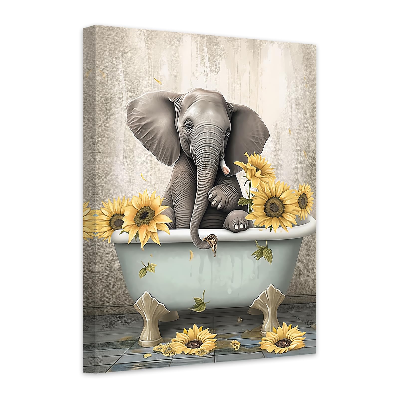 CCWACPP Funny Bathroom Wall Art Elephant and Sunflower in Bathtub Canvas Print Bathroom Animal Painting Bedroom Kids Room Toilet Wall Decor (40x60cm)