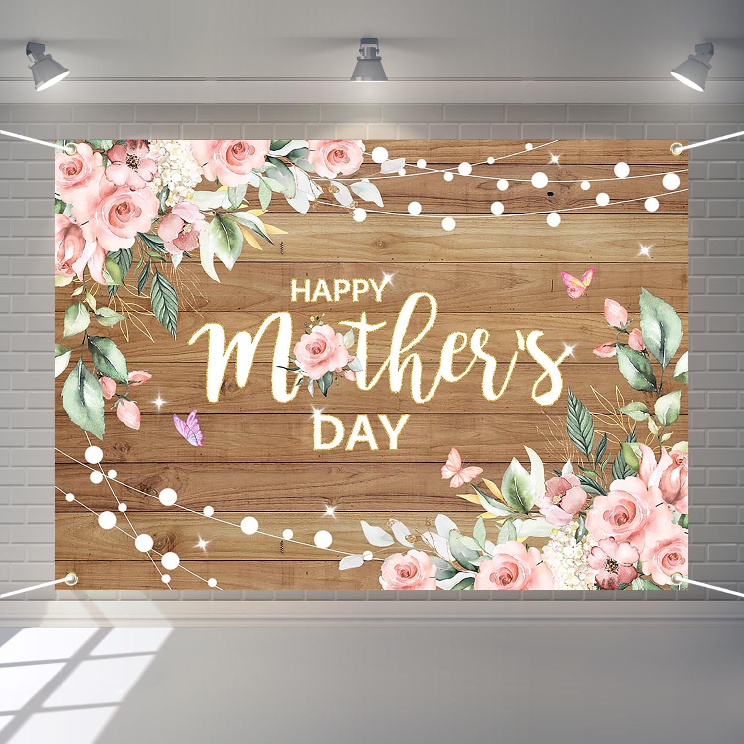 Photo 1 of Joliaco Happy Mother's Day Backdrop Rustic Wood Watercolor Floral Mother's Day Banner Gold Glitter Thanks Mom Party Decorations Photo Booth Props (7x5ft)