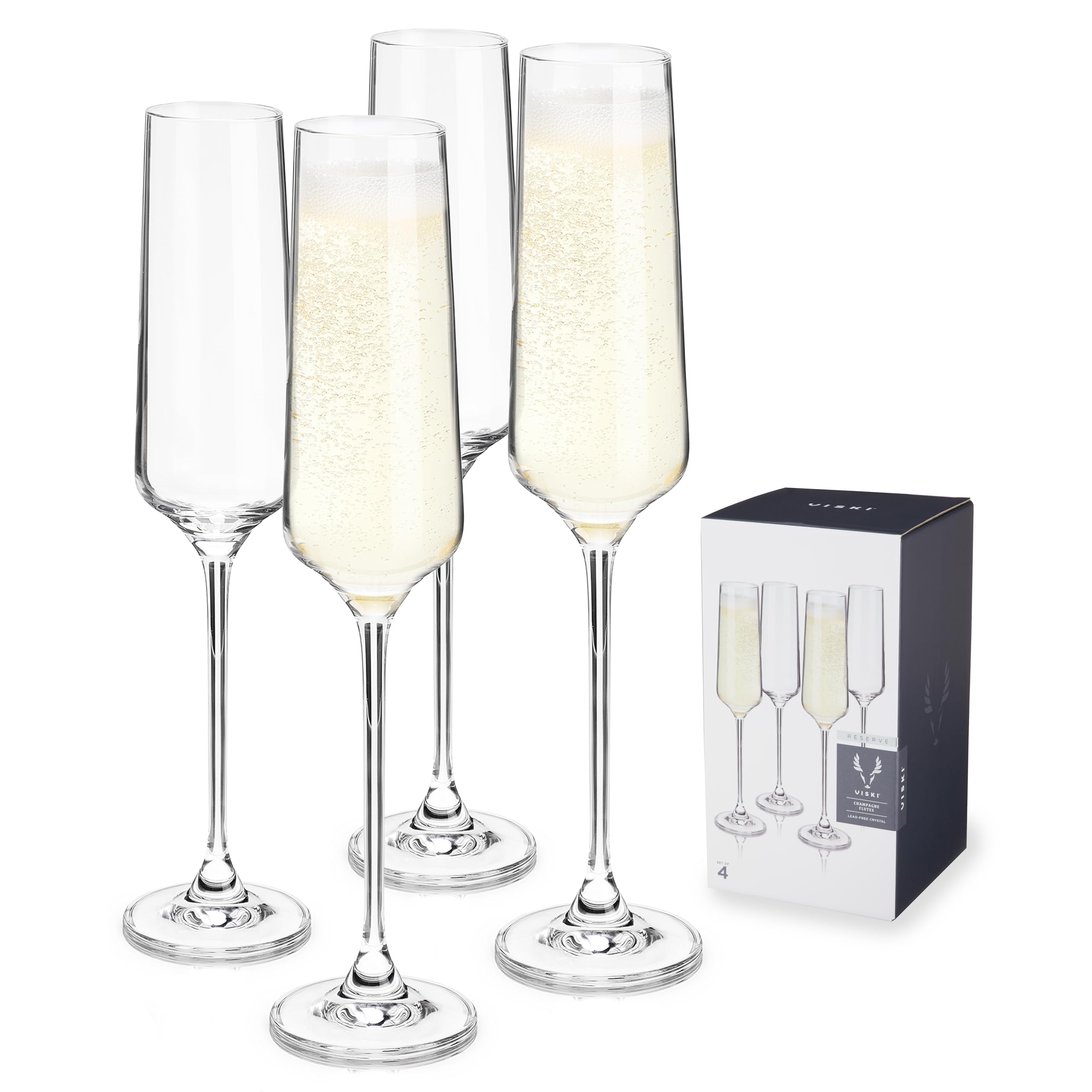 Viski Champagne Flutes, 4 Lead-Free Crystal Sparkling, Stemmed Wine Glass Set European Made Glassware, Set of 4, Clear, (10103)