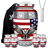 Set of 6 American Flag Decorative Cremation Urns for Ashes Adult Male & Female Includes 1 Large Urn with 4 Small Keepsakes & 1 NecklaceUrn for Human Ashes