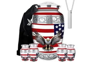 AMERICURN Set of 6 American Flag Decorative Cremation Urns for Ashes Adult Male & Female Includes 1 Large Urn with 4 Small Keepsakes & 1 NecklaceUrn for Human Ashes