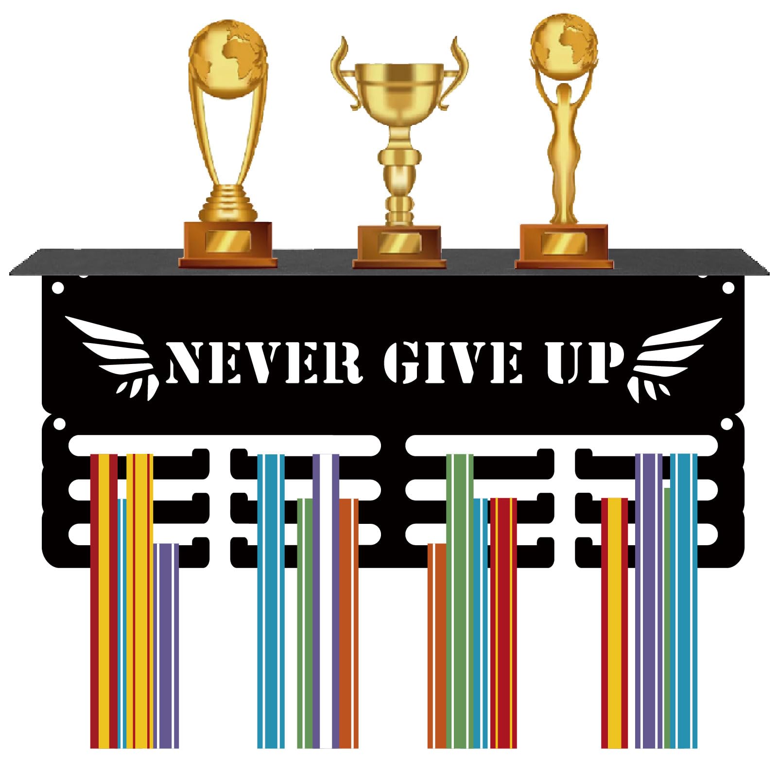 CREATCABIN Medal Holder Trophy Shelf Medal Hangers Display with Shelf Stand Small Sports 4 Rows Wall Mount Hold 70+ Medals for Gymnastics Soccer Running Swimming Awards Rack 11.4x5.1Inch-Never Give Up
