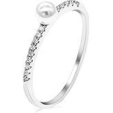 Uloveido Women's 925 Sterling Silver Half Eternity Band Simulated Pearl Solitaire Accent Stack Anniversary Ring for Women1.2g WE248