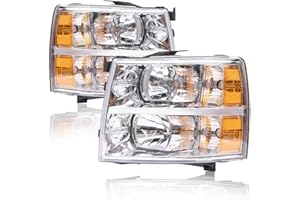 PIT66 Headlights, Compatible With Chevy Silverado 1500 2007-2013/Compatible With Silverado 2500 3500 & HD 2007-2014 Clear lens Chrome Housing Amber Reflector
